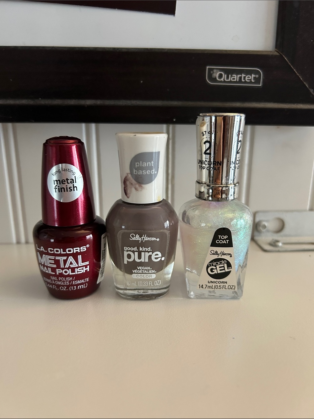L.A. COLORS Metal Red + Sally Hansen Taupe & Iridescent Top Coat